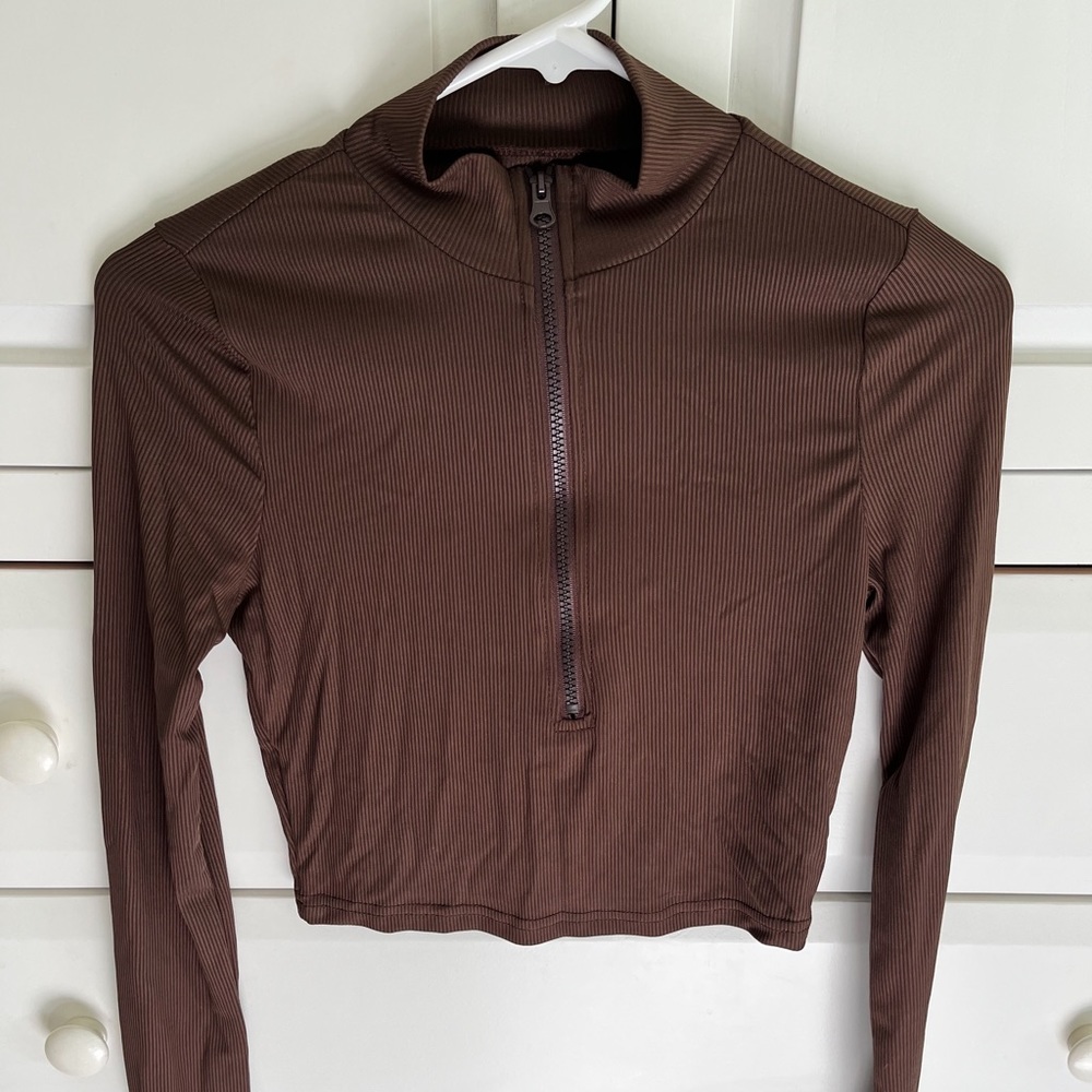 Shein brown cropped long sleeve quarter zip